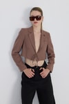 Kahverengi Keten Görünümlü %100 Pamuk Bağlama Detaylı Crop Blazer Ceket 7070