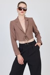 Kahverengi Keten Görünümlü %100 Pamuk Bağlama Detaylı Crop Blazer Ceket 7070