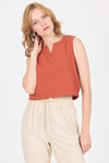 Kiremit V Yaka Kolsuz Crop Bluz 8027