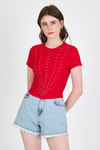 Kırmızı Bisiklet Yaka Taş İşleme Detaylı Slim Fit Crop Tişört 1149