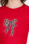 Kırmızı Leopar Fiyonk Baskılı Taş Detaylı Slim Fit Crop Tişört 0549-1