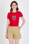 Kırmızı Leopar Fiyonk Baskılı Taş Detaylı Slim Fit Crop Tişört 0549-1