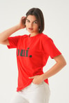 Kırmızı Oui Baskı Oversize Tişört 1714