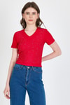 Kırmızı Taş İşleme Detaylı V Yaka Slim Fit Tişört 0949