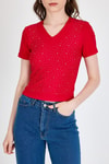 Kırmızı Taş İşleme Detaylı V Yaka Slim Fit Tişört 0949