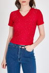 Kırmızı Taş İşleme Detaylı V Yaka Slim Fit Tişört 0949