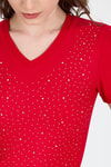 Kırmızı Taş İşleme Detaylı V Yaka Slim Fit Tişört 0949