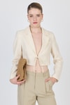 Natural Keten Görünümlü %100 Pamuk Bağlama Detaylı Crop Blazer Ceket 7070