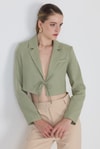 Olive Yeşili Keten Görünümlü %100 Pamuk Bağlama Detaylı Crop Blazer Ceket 7070