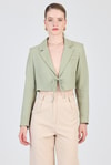 Olive Yeşili Keten Görünümlü %100 Pamuk Bağlama Detaylı Crop Blazer Ceket 7070