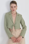 Olive Yeşili Keten Görünümlü %100 Pamuk Bağlama Detaylı Crop Blazer Ceket 7070