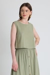 Olive Yeşili Keten Görünümlü %100 Pamuk Kolsuz Crop Bluz 3419-1