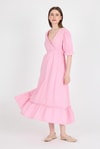 Pembe %100 Pamuk Müslin V Yaka Bel Lastikli Midi Elbise 4780A