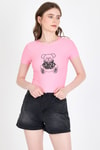 Pembe Ayıcık Baskılı Leopar Detaylı Slim Fit Crop Tişört 0549
