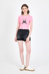 Pembe Ayıcık Baskılı Leopar Detaylı Slim Fit Crop Tişört 0549