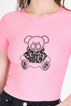 Pembe Ayıcık Baskılı Leopar Detaylı Slim Fit Crop Tişört 0549