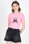 Pembe Ayıcık Baskılı Leopar Detaylı Slim Fit Crop Tişört 0549