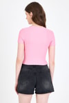 Pembe Ayıcık Baskılı Leopar Detaylı Slim Fit Crop Tişört 0549