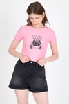 Pembe Ayıcık Baskılı Leopar Detaylı Slim Fit Crop Tişört 0549