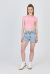 Pembe Bisiklet Yaka Pamuklu Slim Fit Crop Tişört 9199M