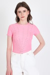 Pembe Bisiklet Yaka Taş İşleme Detaylı Slim Fit Crop Tişört 1149