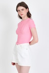 Pembe Bisiklet Yaka Taş İşleme Detaylı Slim Fit Crop Tişört 1149