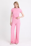Pembe Bürümcük Dokulu Büzgülü Crop ve Geniş Paça Pantolon Takımı 3001