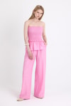 Pembe Büzgülü Straplez Bluz ve Bol Paça Pantolon Takım 5249