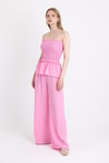 Pembe Büzgülü Straplez Bluz ve Bol Paça Pantolon Takım 5249