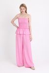 Pembe Büzgülü Straplez Bluz ve Bol Paça Pantolon Takım 5249