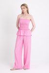 Pembe Büzgülü Straplez Bluz ve Bol Paça Pantolon Takım 5249