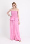Pembe Büzgülü Straplez Bluz ve Bol Paça Pantolon Takım 5249