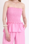 Pembe Büzgülü Straplez Bluz ve Bol Paça Pantolon Takım 5249