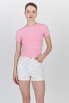 Pembe Çizgili Pamuklu Crop Tişört 4014
