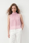 Pembe Halter Yaka Puantiyeli Şifon Bluz 2932