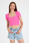 Pembe Kare Yaka V Kesim Detaylı Crop Bluz 10432