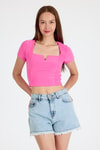 Pembe Kare Yaka V Kesim Detaylı Crop Bluz 10432