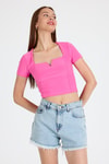 Pembe Kare Yaka V Kesim Detaylı Crop Bluz 10432