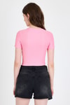 Pembe Leopar Fiyonk Baskılı Taş Detaylı Slim Fit Crop Tişört 0549-1