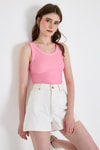 Pembe Şerit Detaylı Örme Crop Atlet 1049
