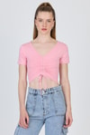 Pembe V Yaka Büzgülü Crop Tişört 9201M