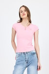 Pembe V Yaka Düğmeli Cep Detaylı Slim Fit Tişört 2213