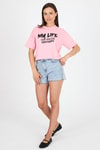 Pembe Yazı Baskılı %100 Pamuk Crop Tişört 9187M