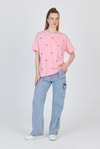 Pembe Yazı Baskılı %100 Pamuk Oversize Tişört 2150-18M