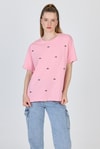 Pembe Yazı Baskılı %100 Pamuk Oversize Tişört 2150-18M