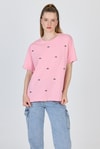 Pembe Yazı Baskılı %100 Pamuk Oversize Tişört 2150-18M