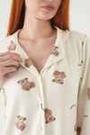 Pijama Takım-Ayıcık Desen Düğmeli Pijama Takımı 3421 Krem -rulem