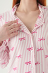 Pijama Takım-Fiyonk Desen Düğmeli Pijama Takımı 3412 Pembe -rulem