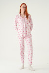 Pijama Takım-Fiyonk Desen Düğmeli Pijama Takımı 3412 Pembe -rulem