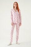 Pijama Takım-Fiyonk Desen Düğmeli Pijama Takımı 3412 Pembe -rulem